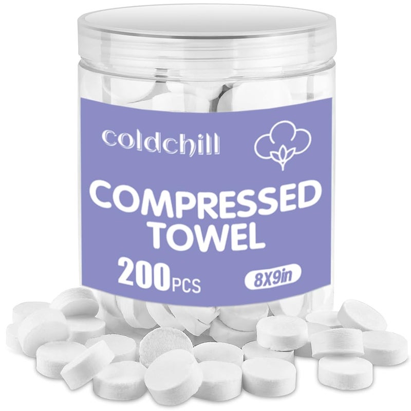 coldchill 200 Pcs Compressed Towels, Disposable Face Compressed Towels, Magic Towel, Compressed Towel for Travel, Camping, Hiking, 8"x9", White - Image 1